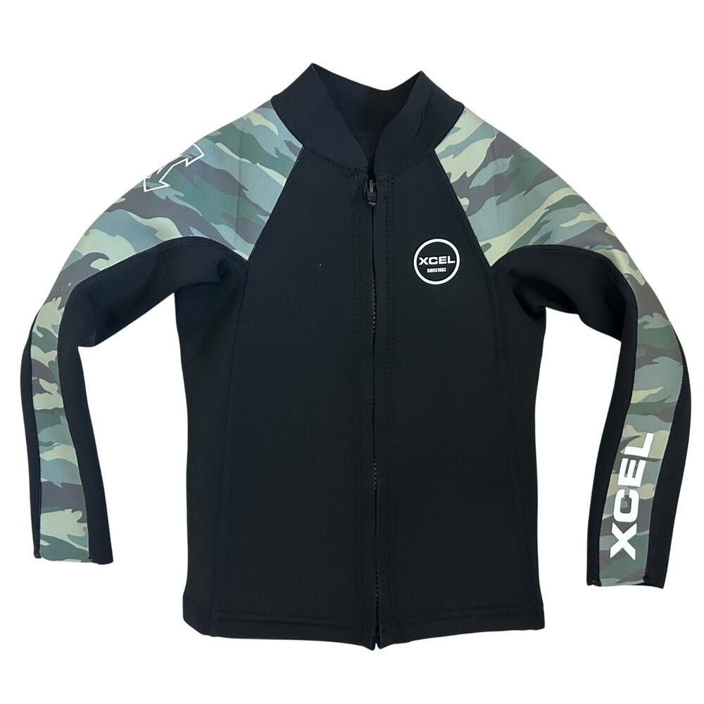 XCEL Kid's Front Zip Wetsuit Top Longsleeve Size 4 Wetsuit Jacket Black / Camo
